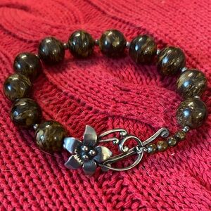 SILPADA Bronzite Bracelet silver beads with Flower Toggle Clasp B1365 BEAUTIFUL